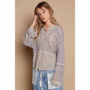 POL Charcoal Relaxed Fit Lace Mix Button Down Hoodie